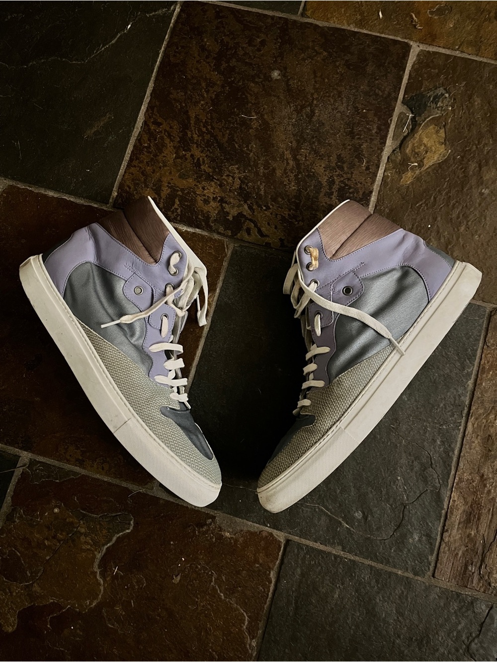 Balenciage High-Top Fashion Sneakers in Lavender and Gray